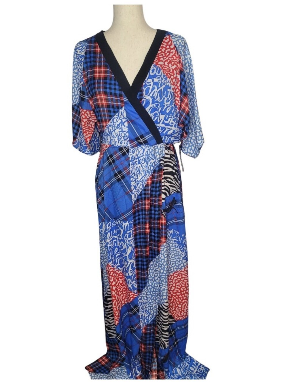 New York & Company Women Wrap Maxi Dress size M in Blue Red Patchwork NO Belt